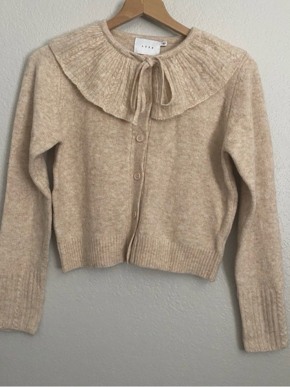 LUSH Cardigan Sweater Women's S Sesame Beige Knit Button Front Cropped Cozy Wool
